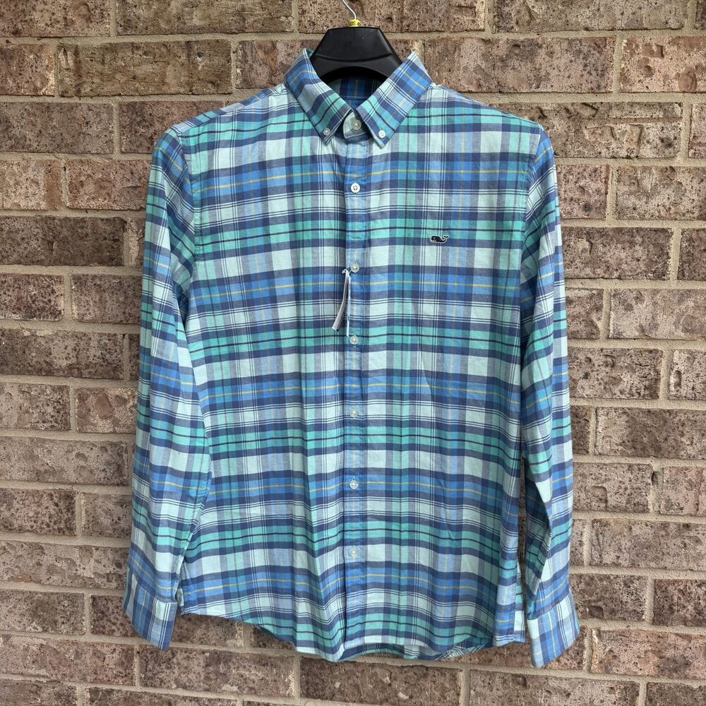 Vineyard Vines Plaid Flannel Shirt Aqua Blue Whale Slim Fit Men’s Sz Large NWT